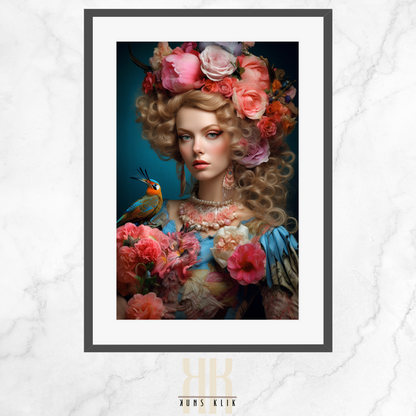 artwork of a woman styled in French aristocratic fashion, reminiscent of Marie Antoinette, with an elaborate hairstyle adorned with pink roses and perched colorful birds, set against a soft, dreamy blue background