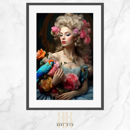 artwork of a woman styled in French aristocratic fashion, reminiscent of Marie Antoinette, with an elaborate hairstyle adorned with pink roses and perched colorful birds, set against a soft, dreamy background