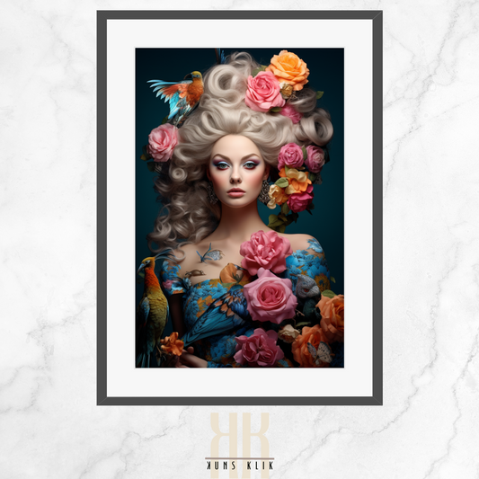 artwork of a woman styled in French aristocratic fashion, reminiscent of Marie Antoinette, with an elaborate hairstyle adorned with pink roses and perched colorful birds, set against a soft, dreamy  background