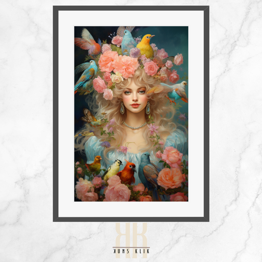 artwork of a woman styled in French aristocratic fashion, reminiscent of Marie Antoinette, with an elaborate hairstyle adorned with pink roses and perched colorful birds, set against a soft, dreamy blue background