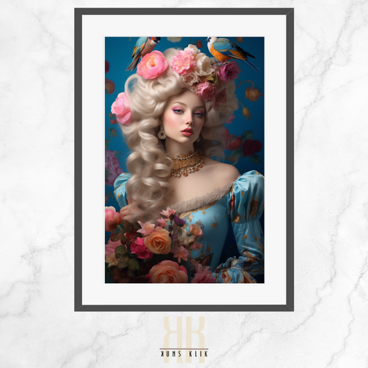 artwork of a woman styled in French aristocratic fashion, reminiscent of Marie Antoinette, with an elaborate hairstyle adorned with pink roses and perched colorful birds, set against a soft, dreamy blue background