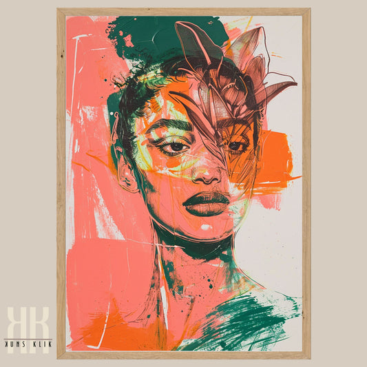 Abstract Fashion and Floral Art in Orange and Green Hues
