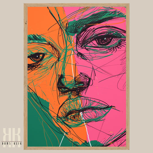 Abstract Female Portrait Art with Floral Design in Pink and Green