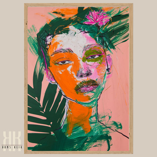 Abstract Female Portrait Art with Floral Design in Pink and Green