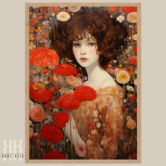 Whimsical Woman in Red Poppies Art Print