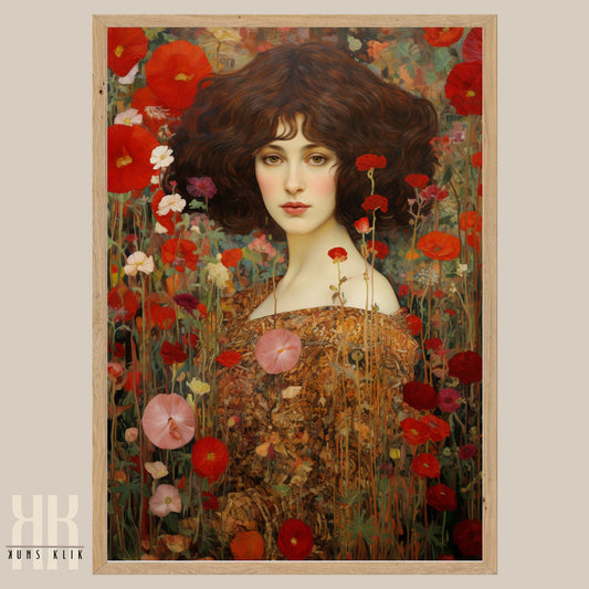Botanical Art Print of Woman in Blooming Flower Garden