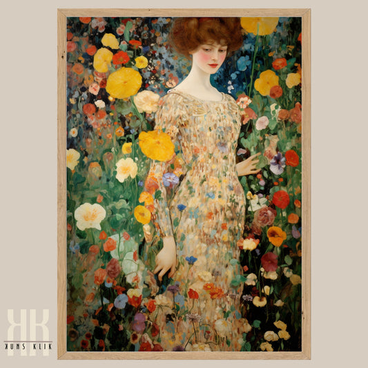 Large Art Print of Woman in Vibrant Flower Garden