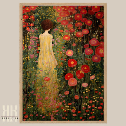 Gustav Klimt Inspired Woman in Vibrant Flower Landscape Print