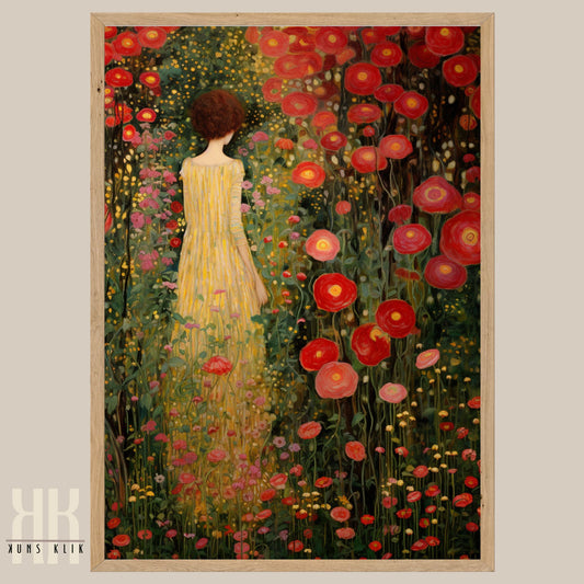 Gustav Klimt Inspired Woman in Vibrant Flower Landscape Print